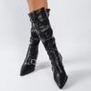 Fashion Sexy Black Pointed Toe Knee High Boots Women Fashion Belt Buckle Thin Heel Long Boots Woman Pu Leather High Heel Botas Mujer 42