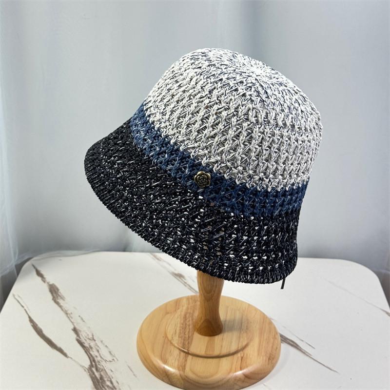 Vintage Color Block Knit Cotton Linen Fisherman Hat For Women Spring Summer Bucket Hat Sunscreen Chapeau Retro