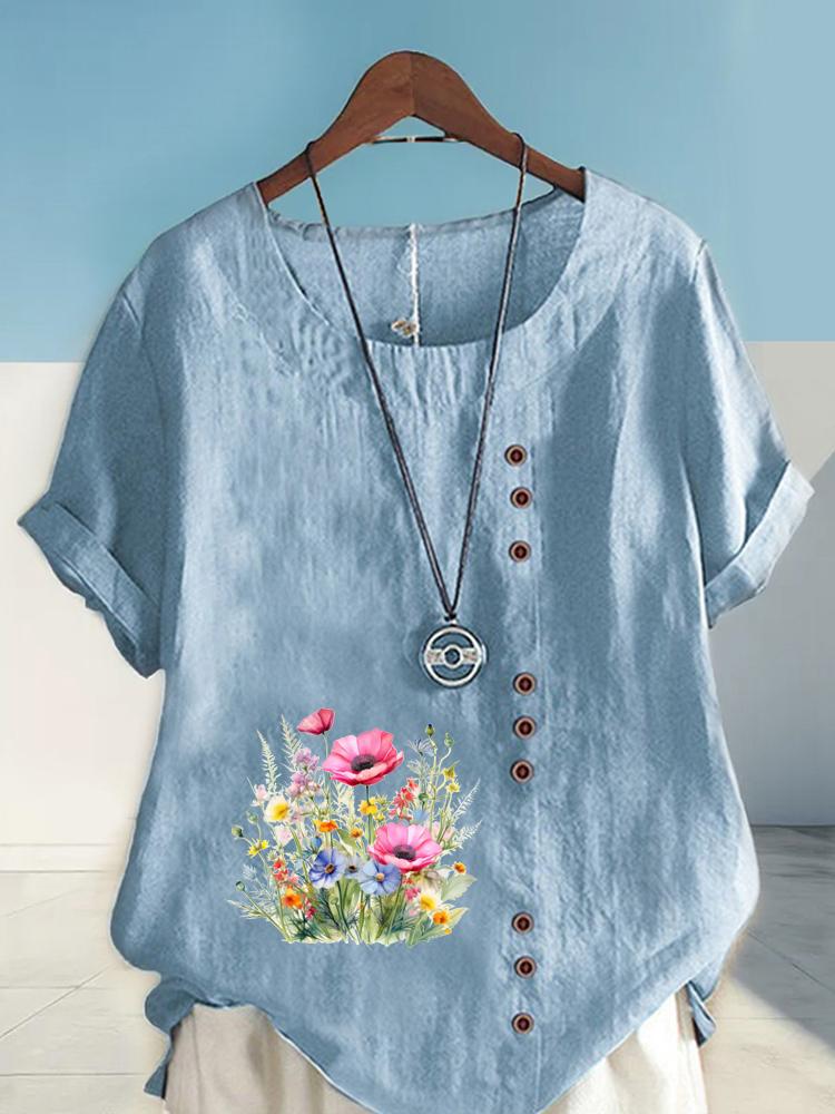 Women's Fashion Flower Bed Printing Round Neck Short Sleeve T-shirt Casual Cotton Linen Graphic Shirt Leisure Loose Summer Blouse Tops
