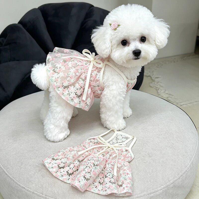 2026 Bichon Cherry Princess Skirt Anti Shedding Small Dog Clothes Yorkshire Breathable Strap Popular Teddy Skirt