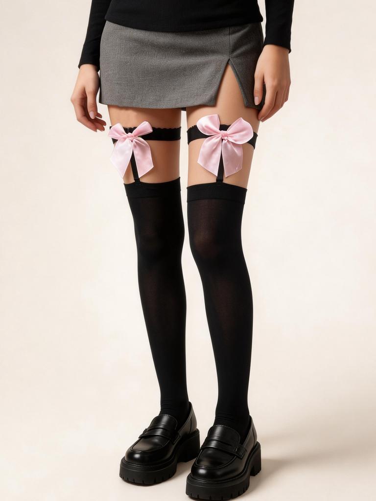Women'S Black Thigh High Socks With Pink Bow Garter Belt, Sweet Gothic Sheer Hosiery For Daily & Cosplay Wear, Free Shipping