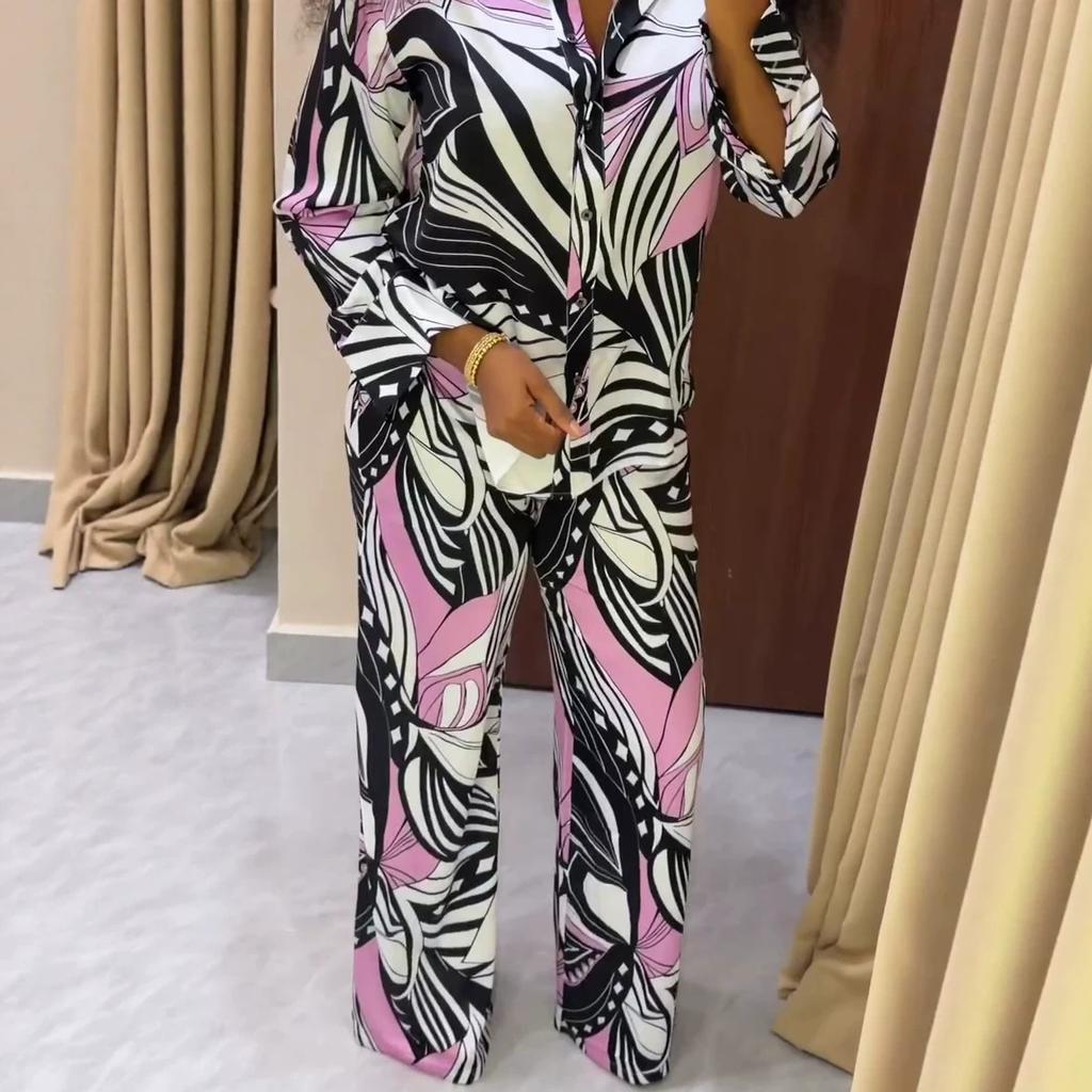 European and American large size fashion long-sleeved V-neck printing new women's shirt casual trousers African foreign loose suit