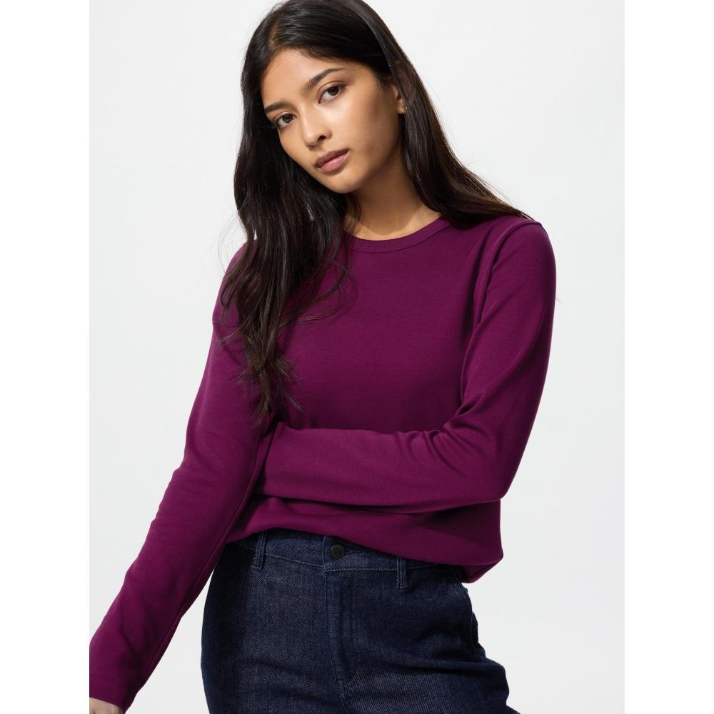 Uniqlo Хлопковая футболка с круглым вырезом и длинным рукавом с гладкой эластичной текстурой