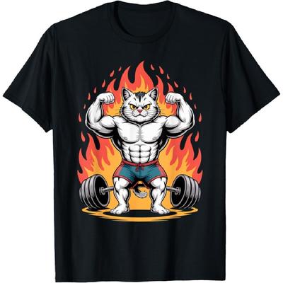 Buff Kot Mem Siłownia Flexing z Ogniem Zabawna Mięśniasta Kreskówka Koszulka