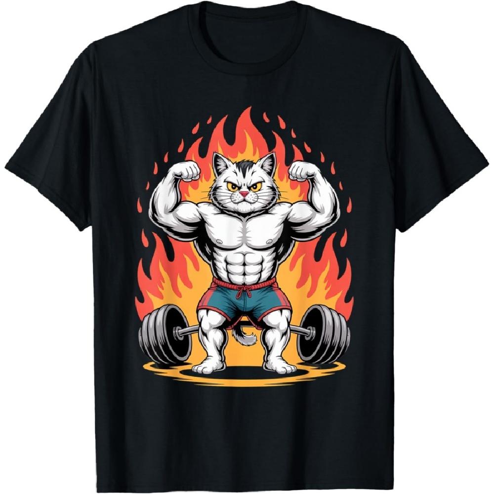 

Накачанный кот в спортзале Мем Демонстрирующий силу с огнем Смешная мускулистая мультяшная футболка XXXXXL чёрный