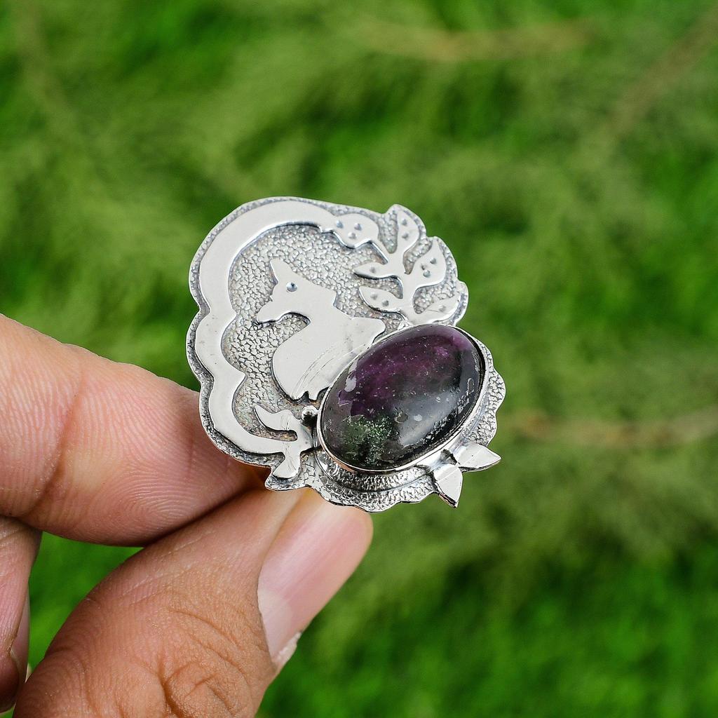 925 Silver Oval Ruby Zoisite Stone Birthday Mother Statement Bezel Ring Jewelry