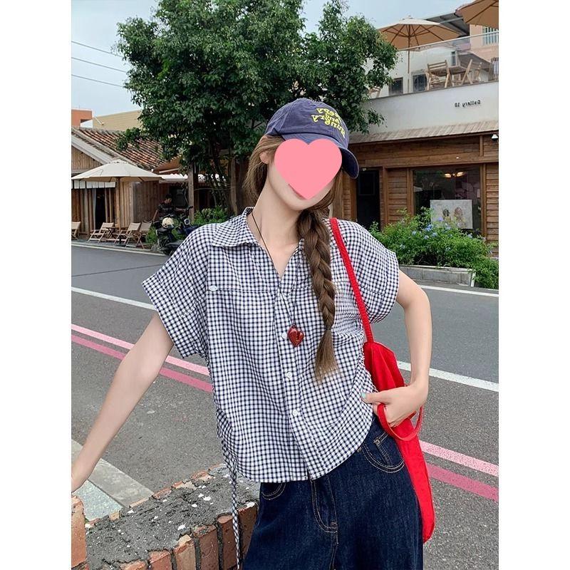 Kleine Damen Sommer Karo Kurzarm Locker Cropped Top - Stilvoll, Vielseitig, Altersmilderndes Design