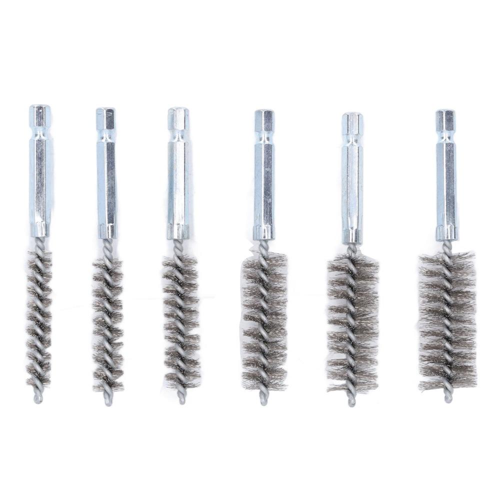 6pcs 1/4 Inch Hex Shank Stainless Steel Bore Brush Set 8/10/12/15/17/19mm Stainless Steel Bristles Wire Brush for Drill