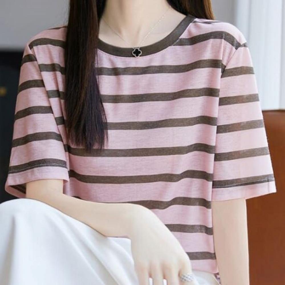 Navava Women Striped Round Neck Short Sleeve Knit Top Nk3059