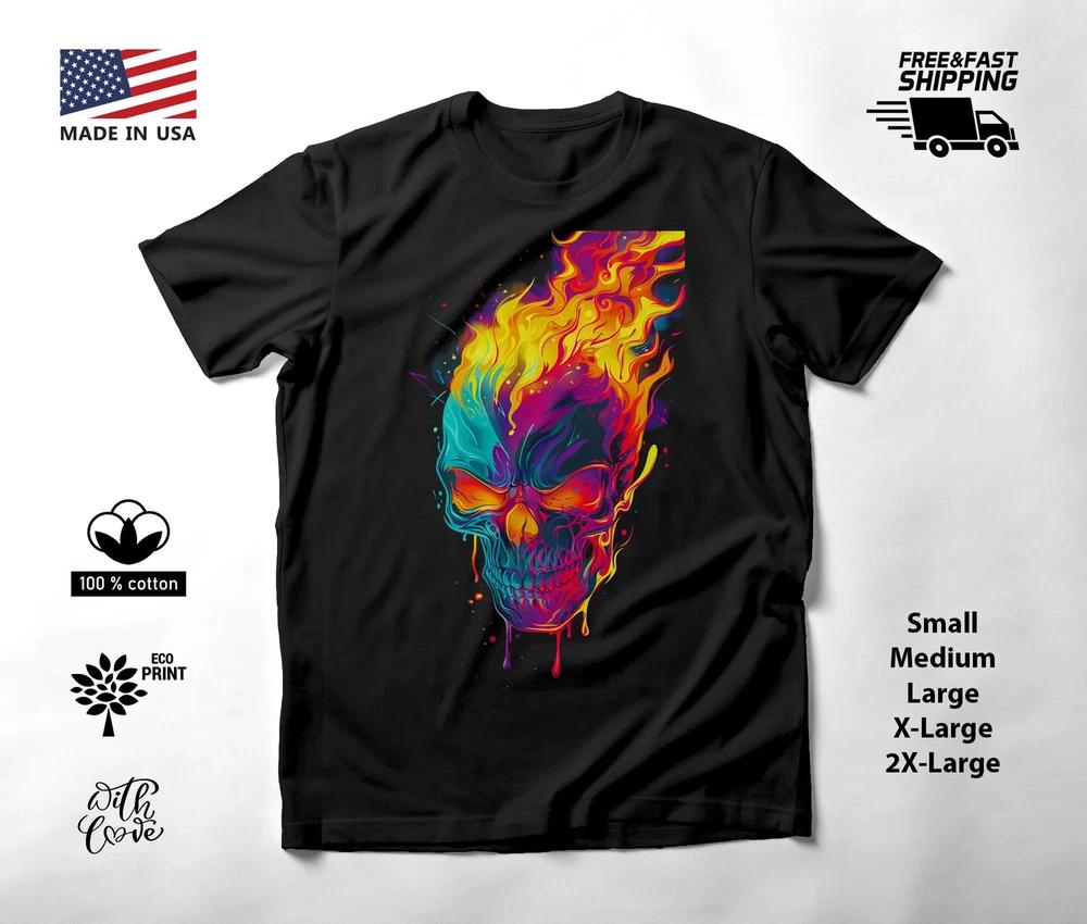 Flaming Skull Neon Graphic T-Shirt Black Unisex S-2XL