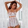 Set Bandage Lace Hollow Out Mesh See-through Role Play Solid Color Women Spaghetti Strips Nightdress Set