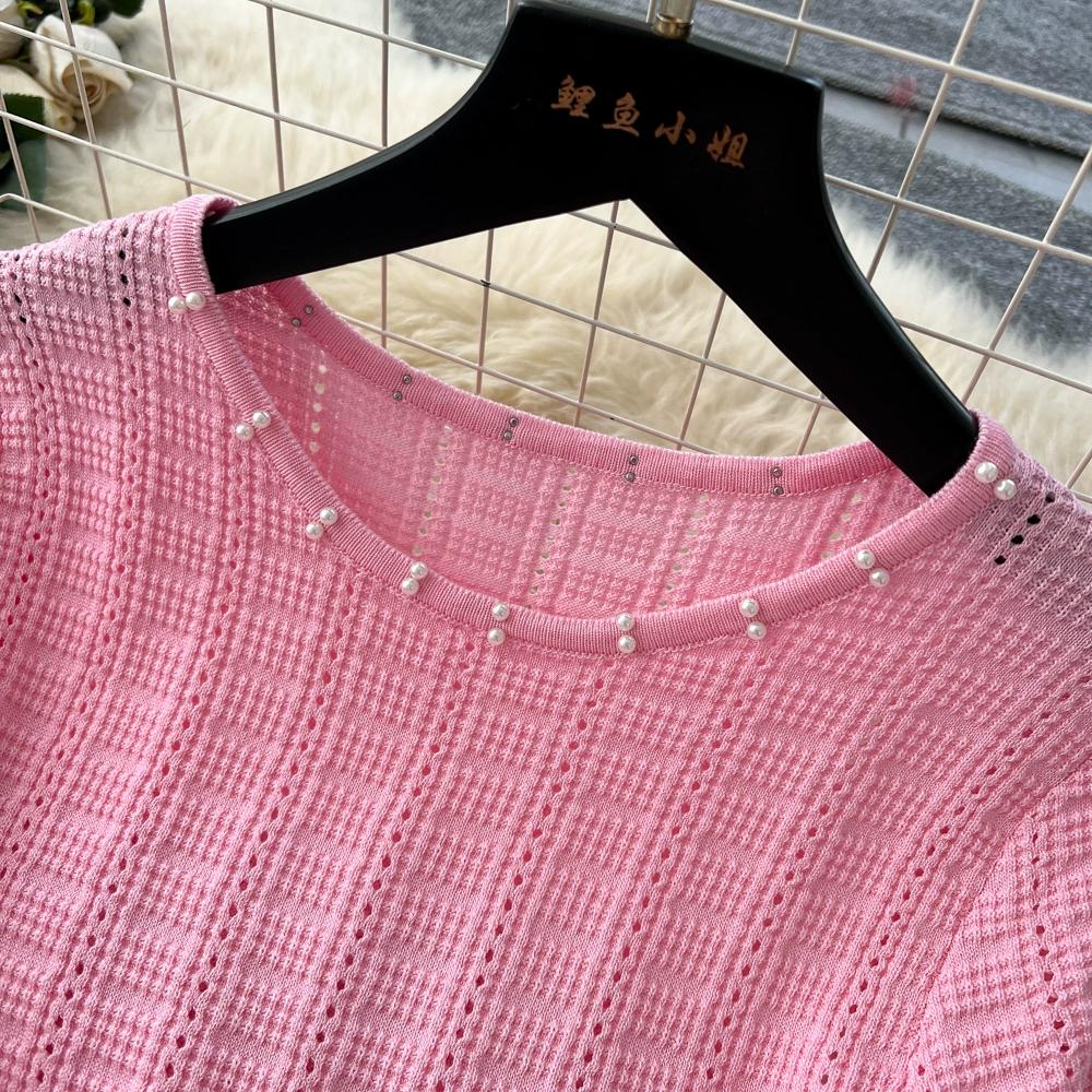 Spring Summer Women Casual Short Sleeve Beading Hollow Out Knitted Sweater Long Maxi Dresses