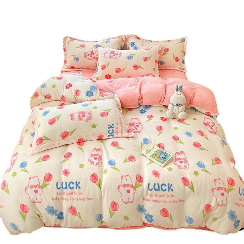 Four Piece Thick Coral Velvet Quilt Cover For Winter Milk Velvet Bed