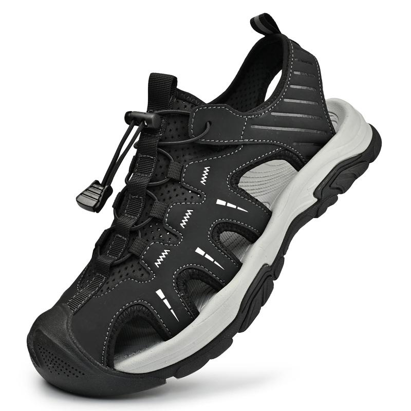 Men's Leather Sandals Summer Outdoor Hiking Shoes Water Wading Anti Slip Toe Wrapped Beach Shoes Size 38-45