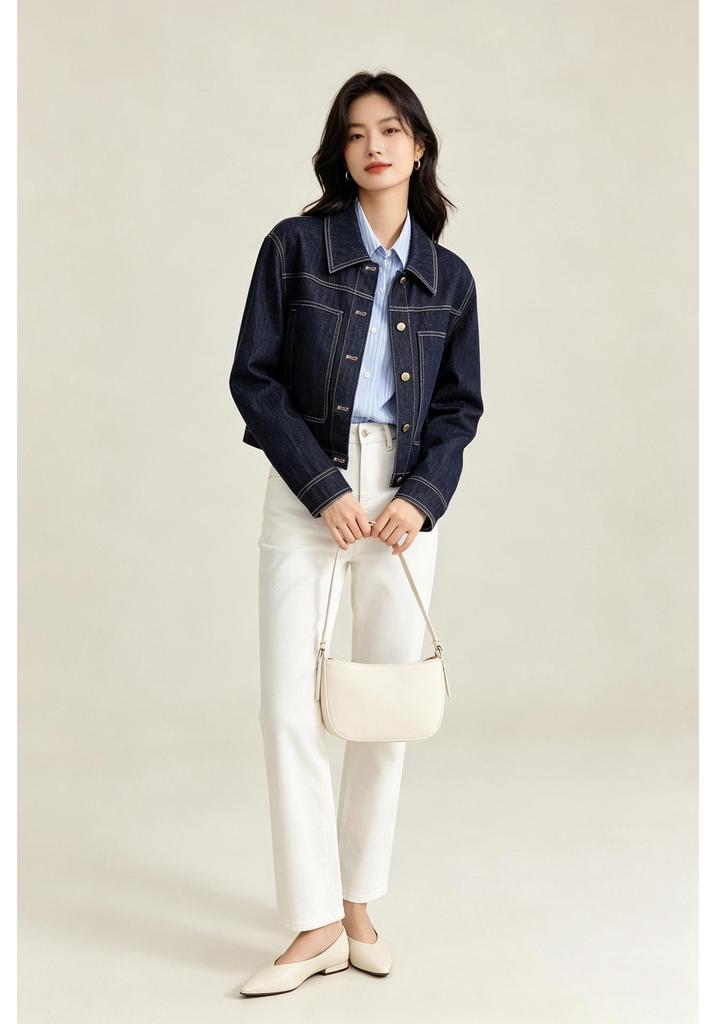 Xin Ge Retro Color Block Denim Jacket - High Waist, Slim Fit, Versatile Commuting Top