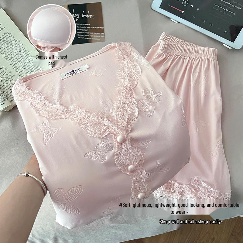 Women's Summer Tencel Cotton Pajama Set with Bra: New 2025 Short Sleeve Three-Piece Loungewear.