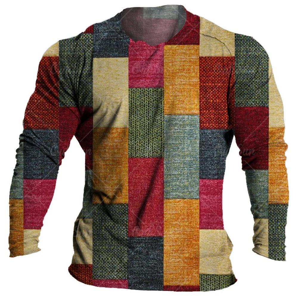 Vintage Multi color Plaid splicing 3D Print Men's T-shirts Autumn New Long Sleeve Tops Daily T Shirt For Man Patchwor Clothing