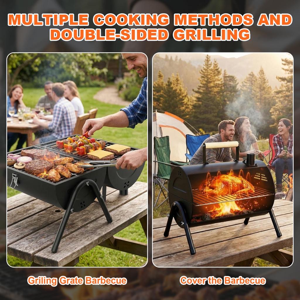 Portable Charcoal Grill, Double-Sided Tabletop Small BBQ Grill Barbecue Smoker
