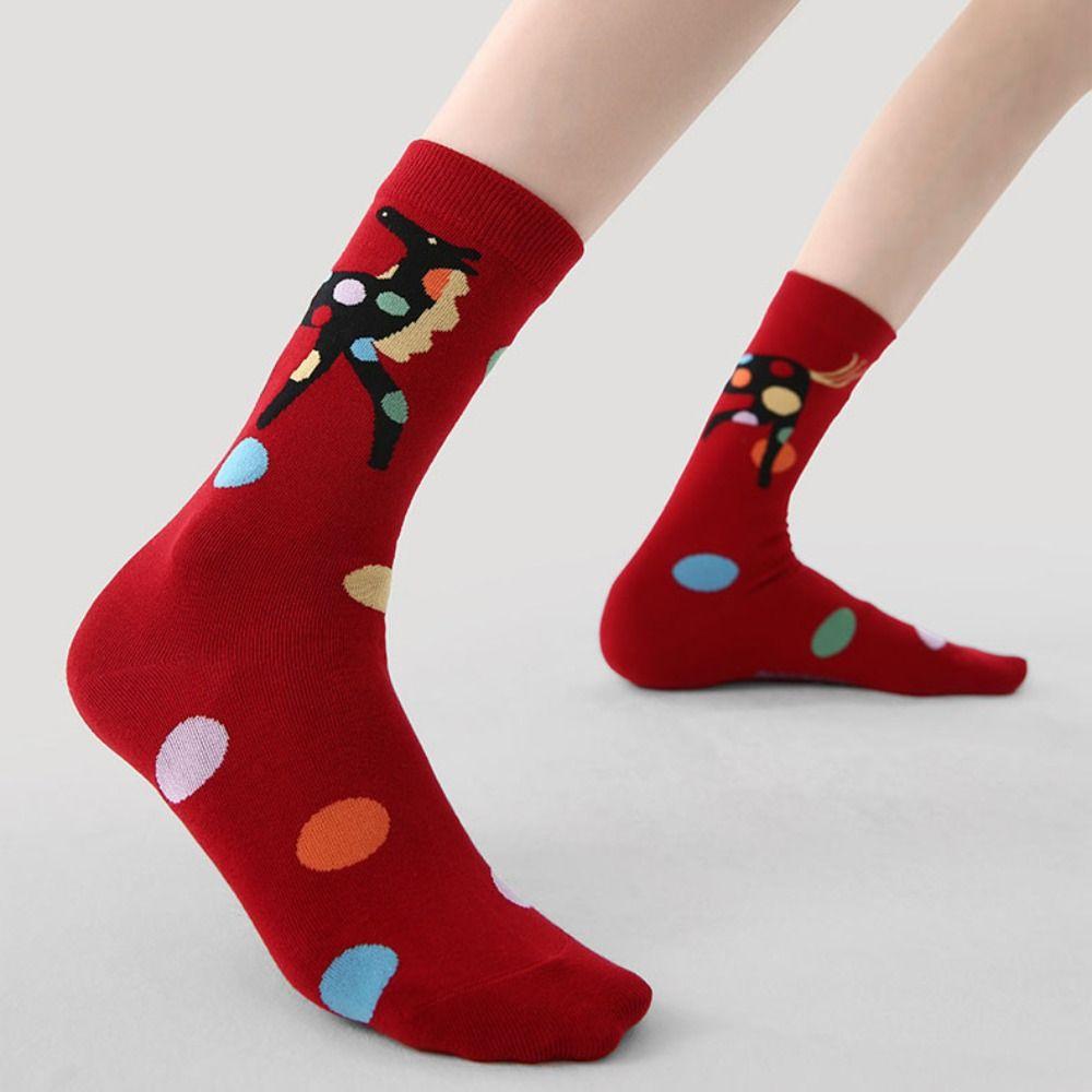 3Pairs Mid Calf Year of The Horse Socks Cartoon Red Cotton Socks Funny New Year Tube Socks  Women