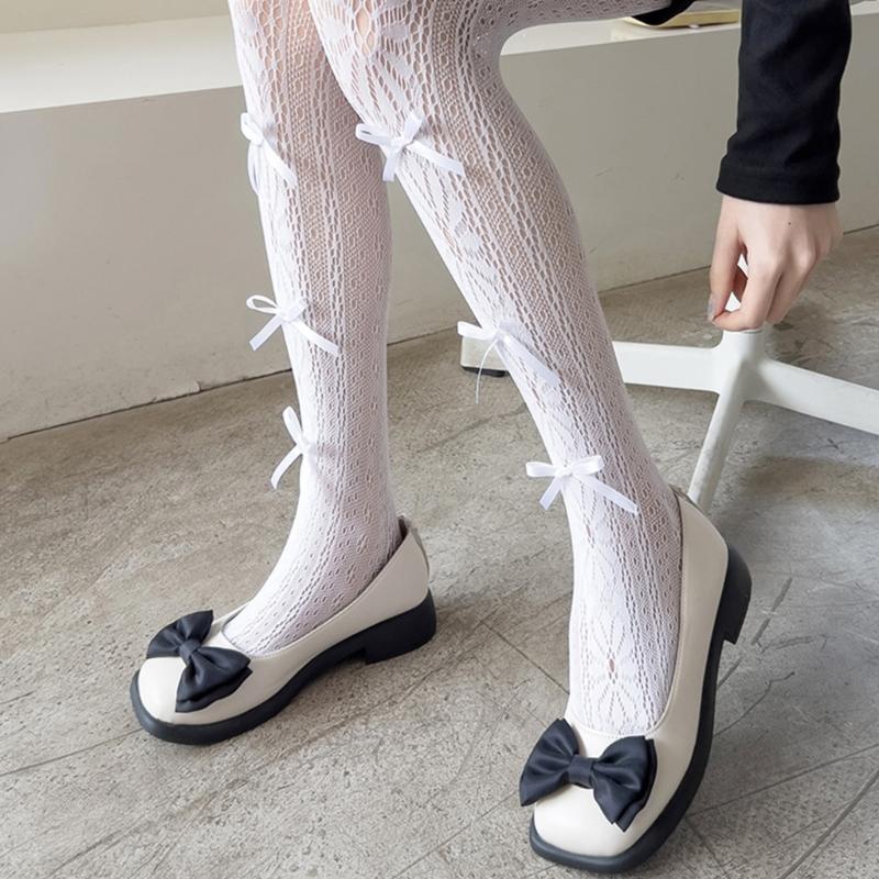 Women Hollow-Out Sheer Fishnet Pantyhose Japanese Style Sweet Bowknot JK Floral Lace Patterned Leggings Mesh Tights