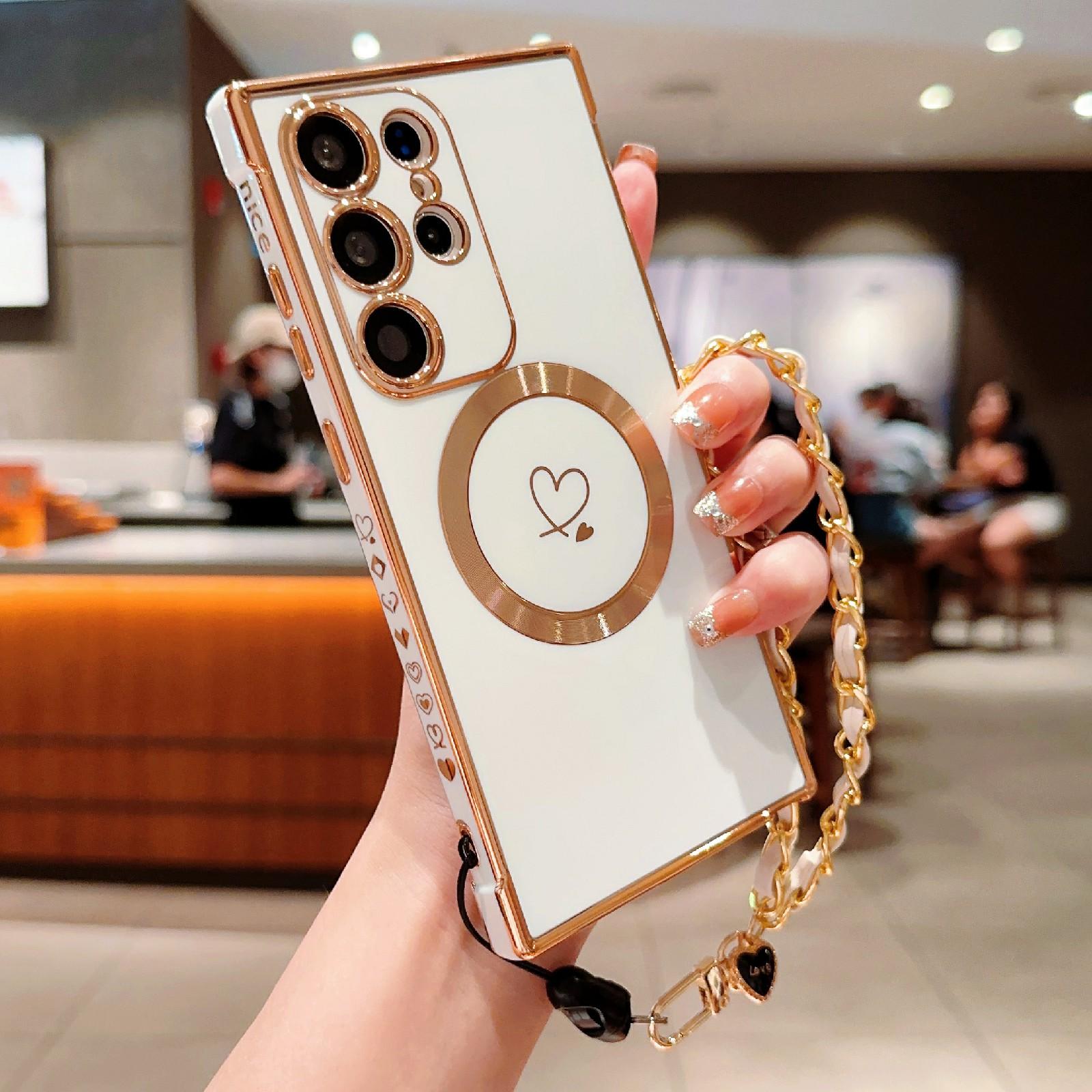 

For Samsung Galaxy S24 Ultra Case Compatible with MagSafe Electroplated Love Hearts TPU Phone Cover with Chain Strap Ivory White