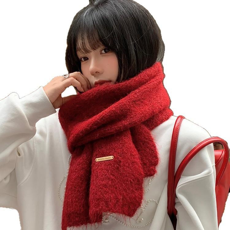 Containing Wool Soft and Waxy Red Knitted Scarf for Women Winter Korean Style Warm Atmosphere Christmas and New Year Scarf