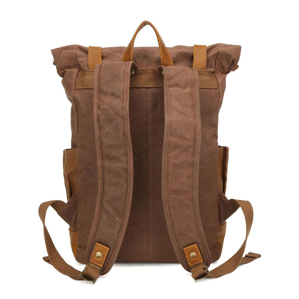 Retro Waxed Canvas Backpack with Leather Trim - Large Capacity, Pepper Salt Design, In Stock