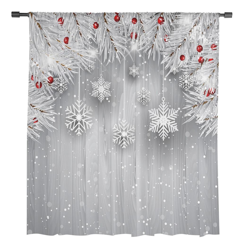 Christmas Pine Needles Snowflakes Wood Grain Sheer Curtains Living Room Decoration Window Curtains Kitchen Tulle Voile Curtains