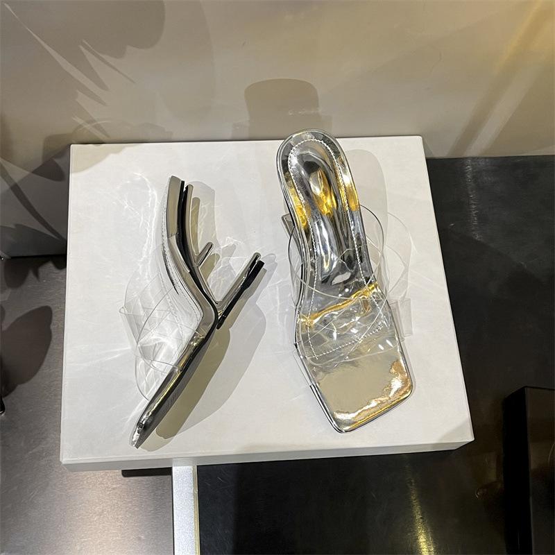 Square Head Sexy Peep Toe PVC Transparent Broadband Crossover Women Slippers 10Cm Strange Style High Heels Slides Shoes