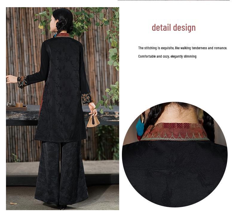 Damen Retro Floral Bestickte Lange Weste - Ärmelloser Ethno-Mantel