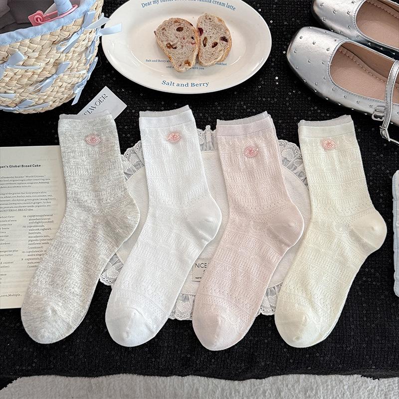 Cherry Buttoned Socks - Children's Summer Lightweight Mesh Perforated Tube Socks with Sweet Lace Trim and Solid Color Pile-up Socks