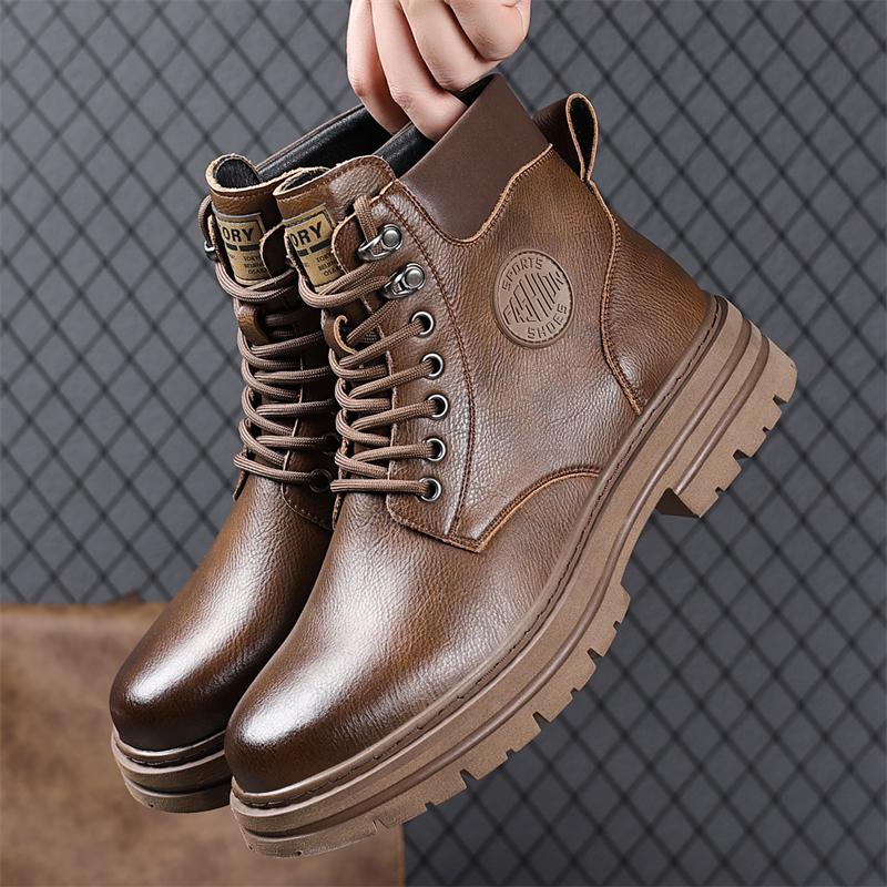 Outdoor Leather Ankle Boots New Men High Top Sneakers Fashion Lace Up Motorcycle Boots Non-Slip Man Winter Plush Snow Botas