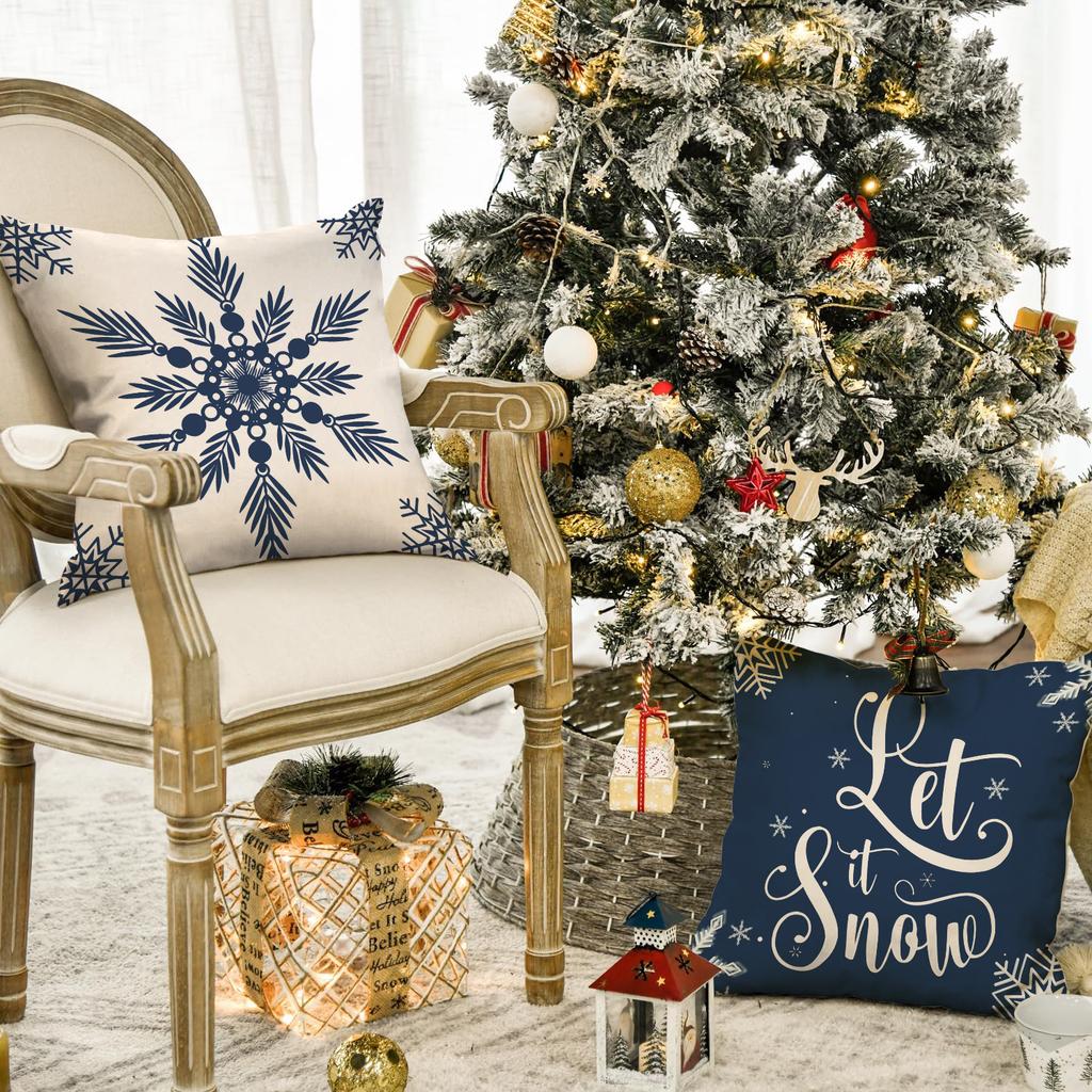 1 \ 4pcs blue Christmas pillow cover, single-sided printed cushion cover, suitable for living room sofas (without pillow core)