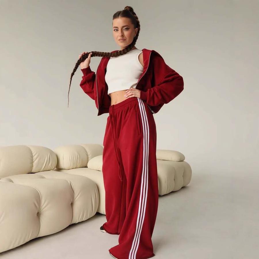 Sport und Freizeit neue Kapuzenjacke Kordelzug locker gerade kontrastierende gestreifte Hose Wide-Leg-Hose zweiteiliges Set Damen
