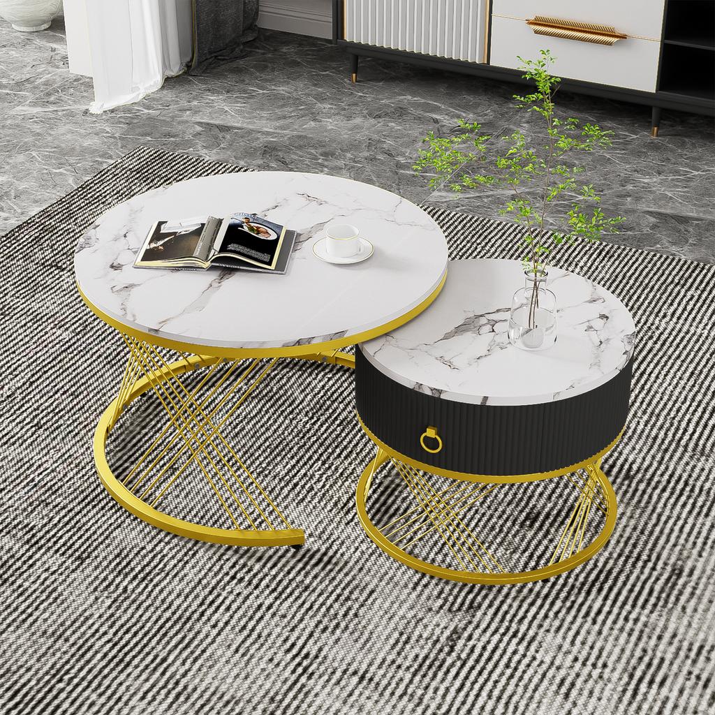 Elegant Assemblable Coffee Table: Marble Look, Gold Decor, Side Table with Drawers – Set of 2