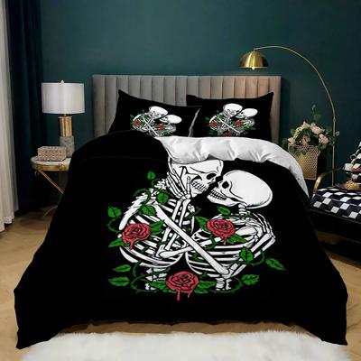 Skull Duvet Cover Queen Size Gothic Skeleton Bedding Set Rose Flower Polyester Comforter Cover For Kids Teens Adults Halloween