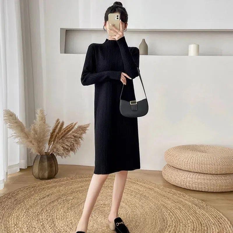 2025 Autumn/Winter Plus Size Over-the-Knee Knit Dress - Solid Color, Versatile Style