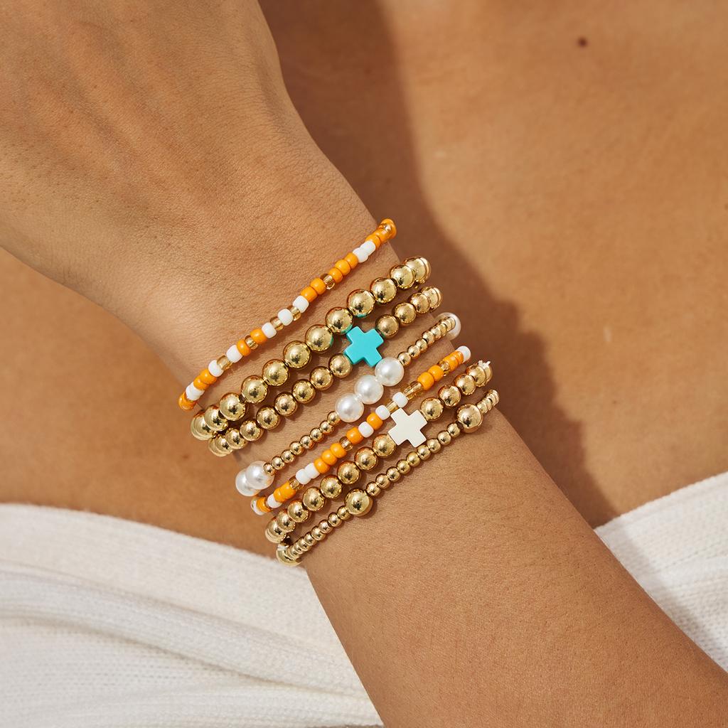 Bohemian Imitation Pearl Rice Bead Beaded Bracelet, Personalized Acrylic Cross Elastic Bracelet.