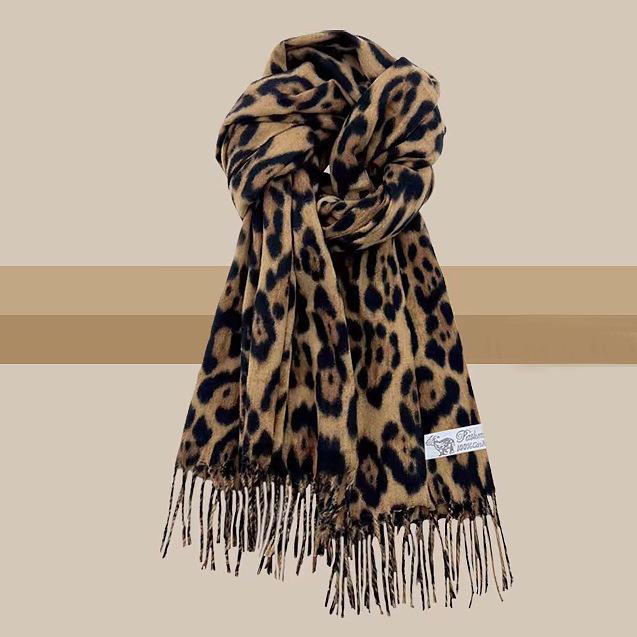 Leopard Print Faux Cashmere Scarf - Women's Korean Style with Retro Tassels for Autumn/Winter
