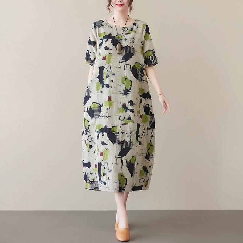 2025 Summer Short Sleeve Loose Printed Women Dress Fashion Casual Simple Elegant A-line Party Dress Female O Neck Office Ladies Clothing