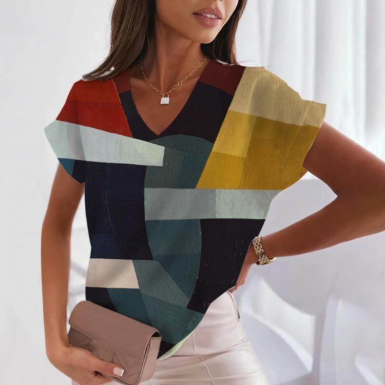 Women's Fashion Loose Harajuku Style Tiny Spot Print V-neck Short Sleeve Pullover Top Casual Tee For Ladies