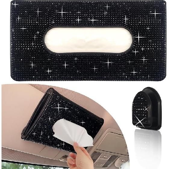 Car Sun Visor Tissue Box Holder,Dermasy Hanging Car Sparkly Crystal PU Leather Napkin Case Holder Bling Car Accessories For Women And Ladies (Black)