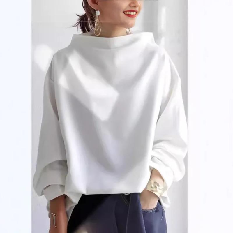 Spring Women's Loose Turtleneck Black T Shirt Long Sleeve White High Street Trend Solid Color Autumn Tees