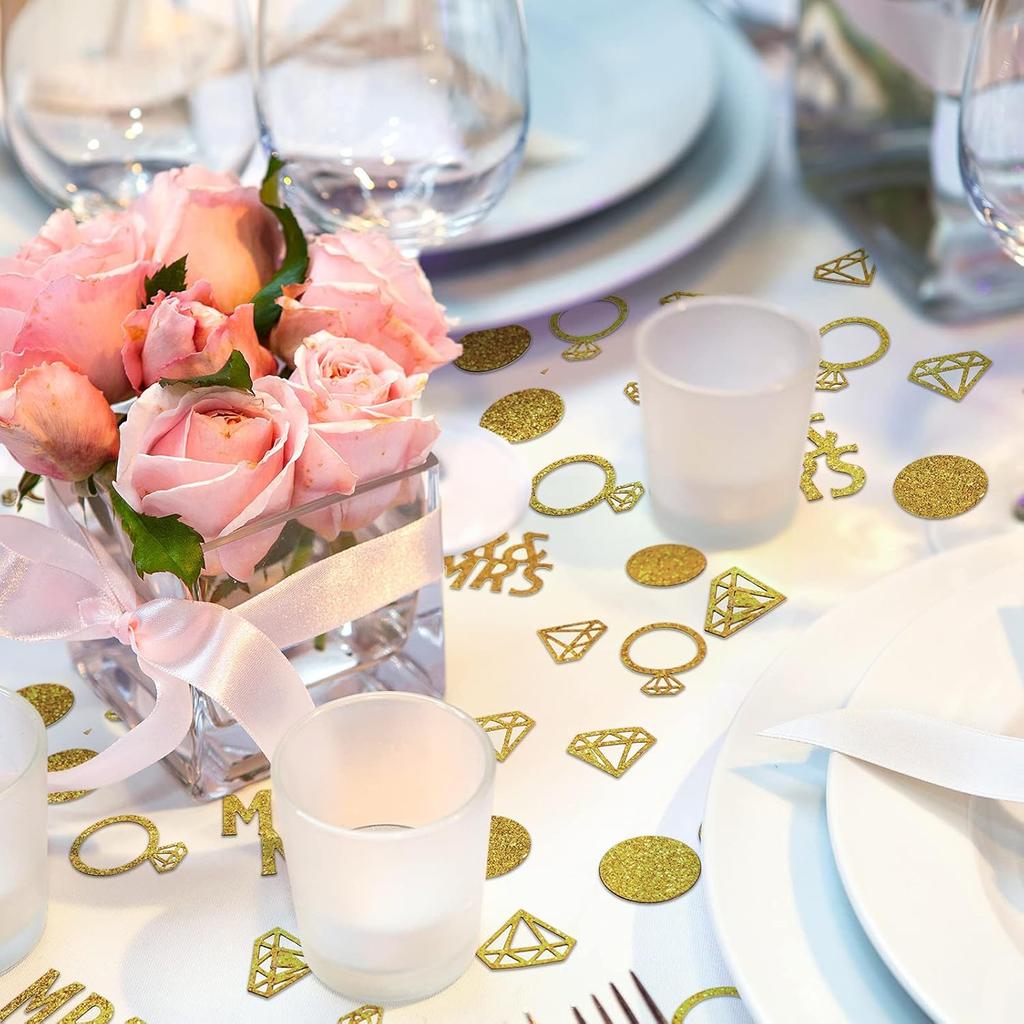 220 Pieces Gold Wedding Table Confetti, Paper Mr and Mrs Gold Diamond Ring Circle Dots Diamond Glitter Confetti for Marriage Ceremony Anniversary