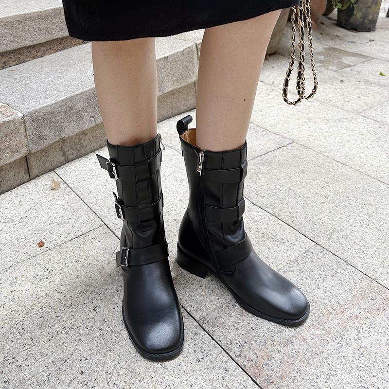 Fashion 2025 Autumn New Women's Shoes Split Leather Mid-calf Boots Square Toe Pull-on Mid Heel Belt Buckle Western Boots Modern Boots