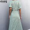 YYFS Damenmode Sommer Frühling Blumenmuster Druck Kurzarm V-Ausschnitt Hohe Taille Freizeitkleider