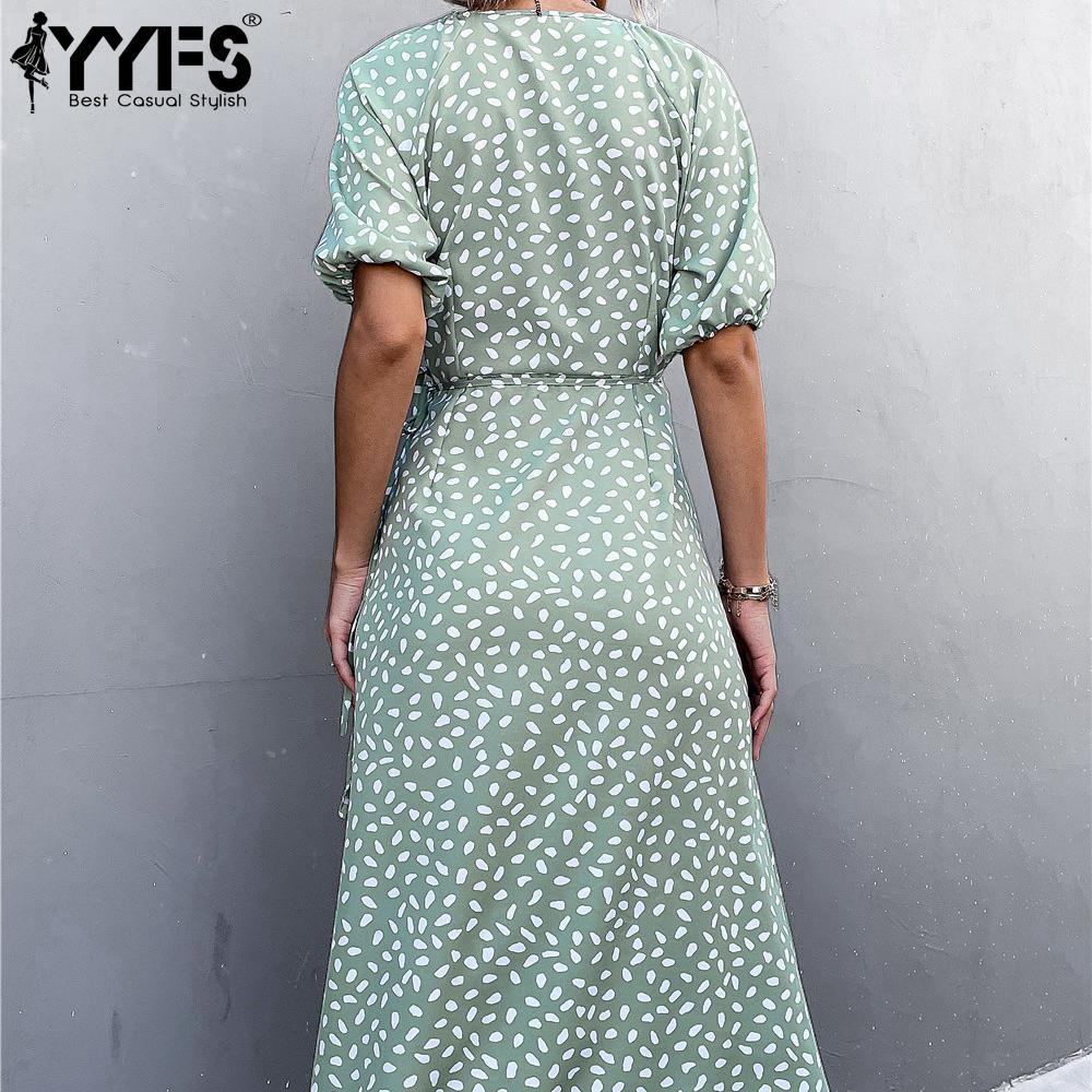 YYFS Damenmode Sommer Frühling Blumenmuster Druck Kurzarm V-Ausschnitt Hohe Taille Freizeitkleider