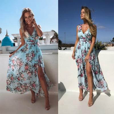 Mulheres boho vestido azul floral impresso longo maxi vestido profundo decote em v verão praia festa à noite vestidos sem mangas