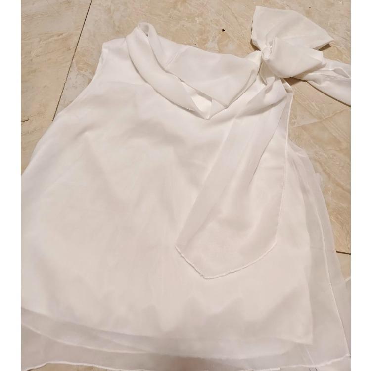 Bluză Albă Chic Franțuzesc Fără Mâneci cu Design cu Fundă Elegantă de Înaltă Calitate Cămașă de Modă Femei