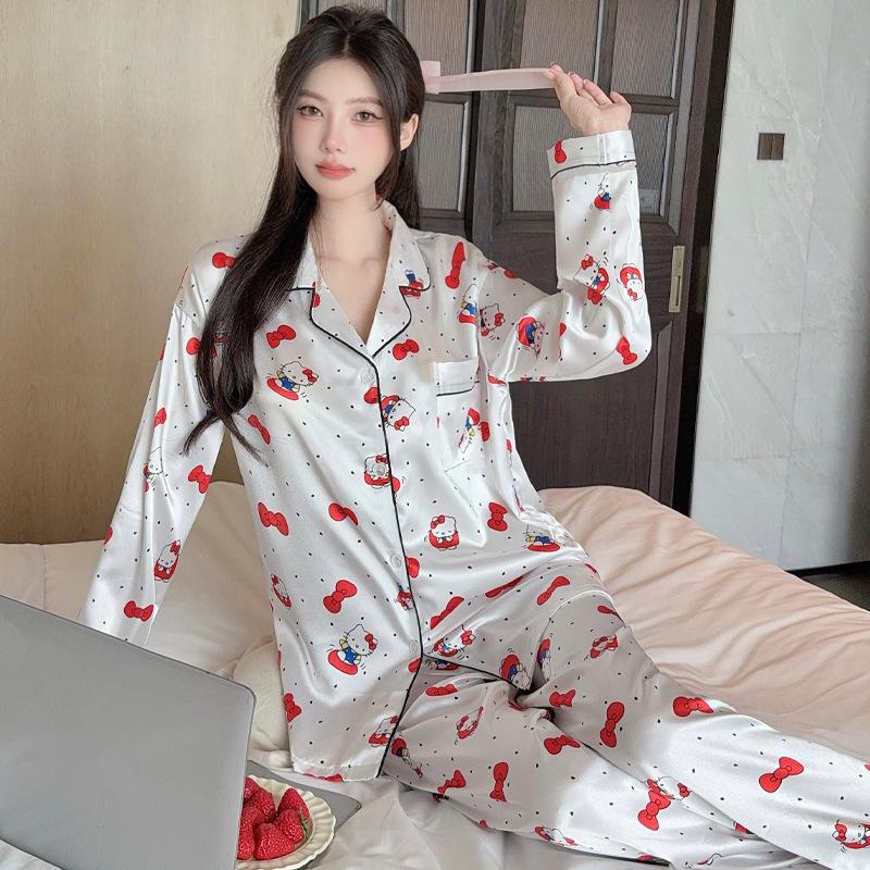 French Cute Ice Silk Pajamas Women'S Spring And Autumn Thin Sweet Polka Dot High-End Loungewear Long-Sleeved Two-Piece Set